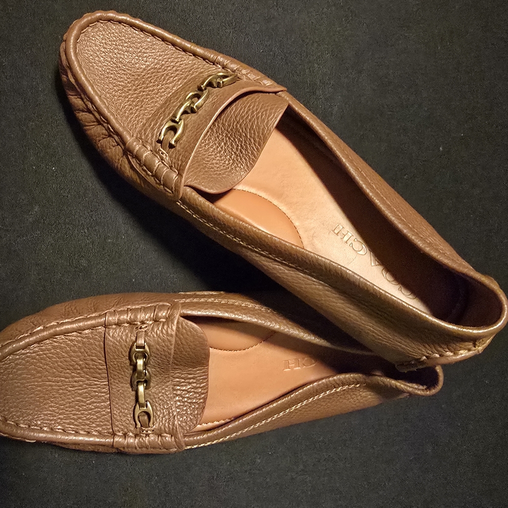 Coach Crosby Driver Brown Leather Loafers with Gold Chain